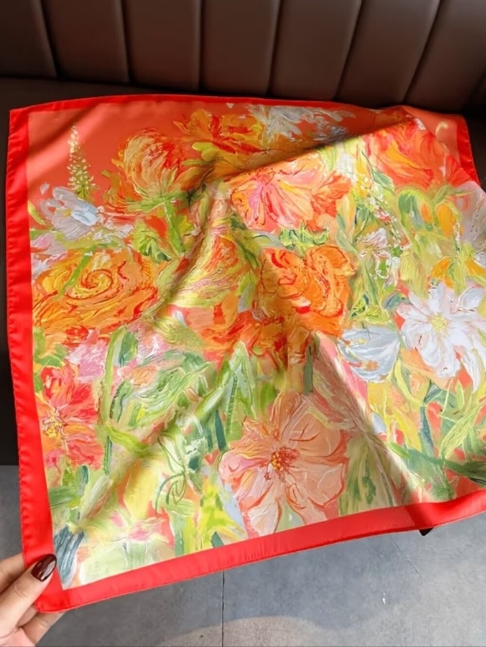 Floral Satin Scarf in Coral Red and Pastel Garden Hues